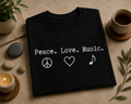Peace Love Music Shirt, Music Lover Tee, Musician Gift, Typewriter Font Shirt, Concert Lover Shirt, Minimalist Music Tee