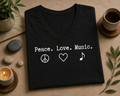 Peace Love Music V-Neck T-Shirt | Music Lover Gift | Peace Heart Music Note Tee | Retro Typewriter Shirt
