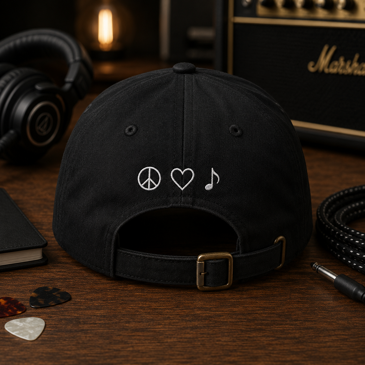 Peace Love Music Embroidered Dad Hat | Adjustable Black Music Lover Cap | Musician Hat | Concert Festival Gift