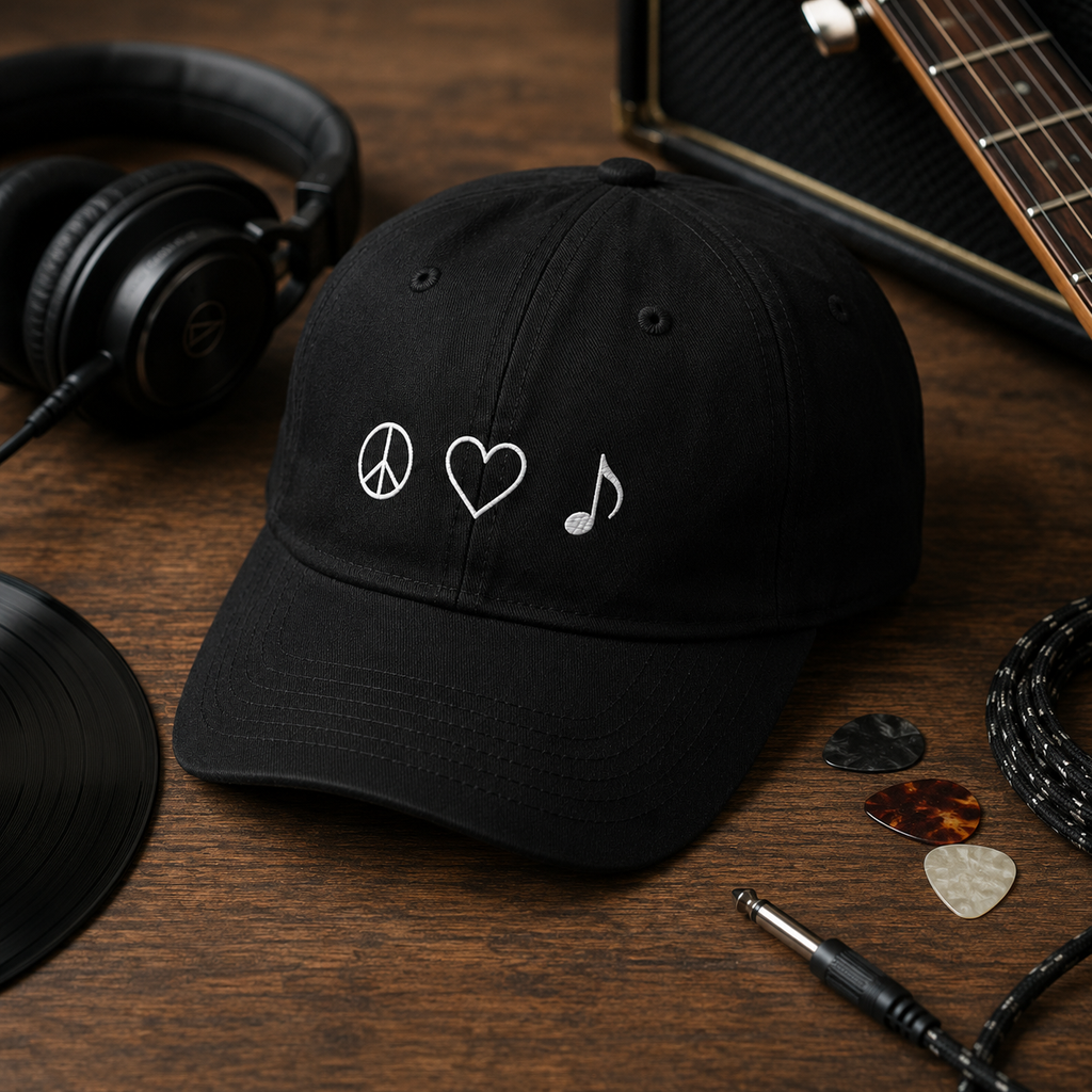 Peace Love Music Embroidered Dad Hat | Adjustable Black Music Lover Cap | Musician Hat | Concert Festival Gift