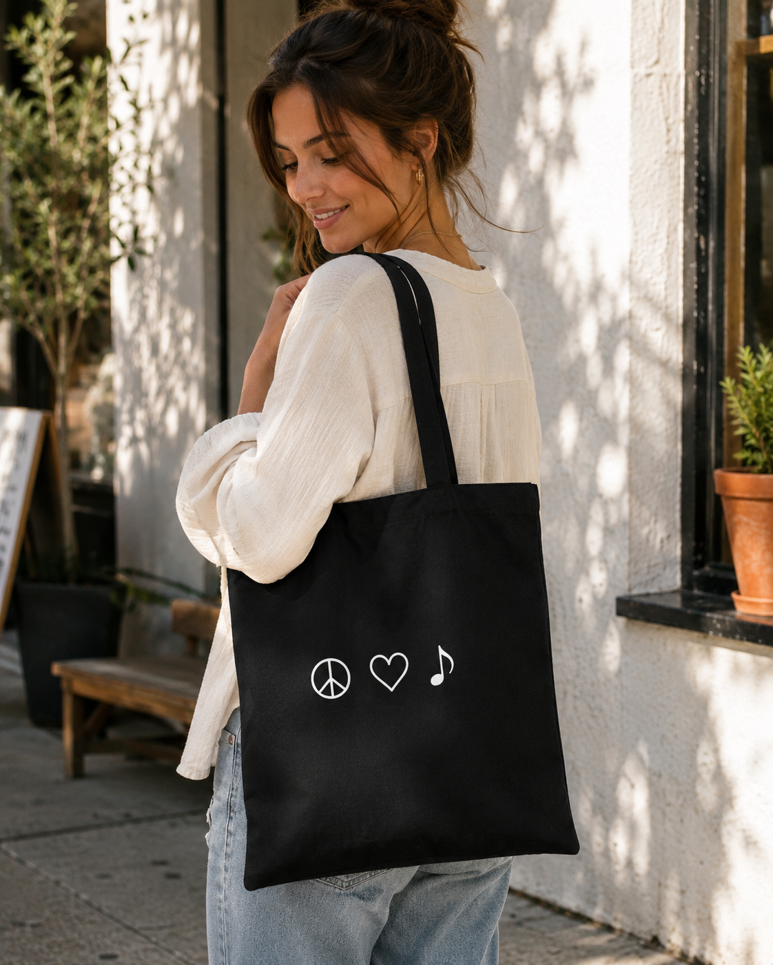 Peace Love Music Black Tote Bag | Music Lover Tote | Musician Gift | Concert Tote | Reusable Shopping Bag