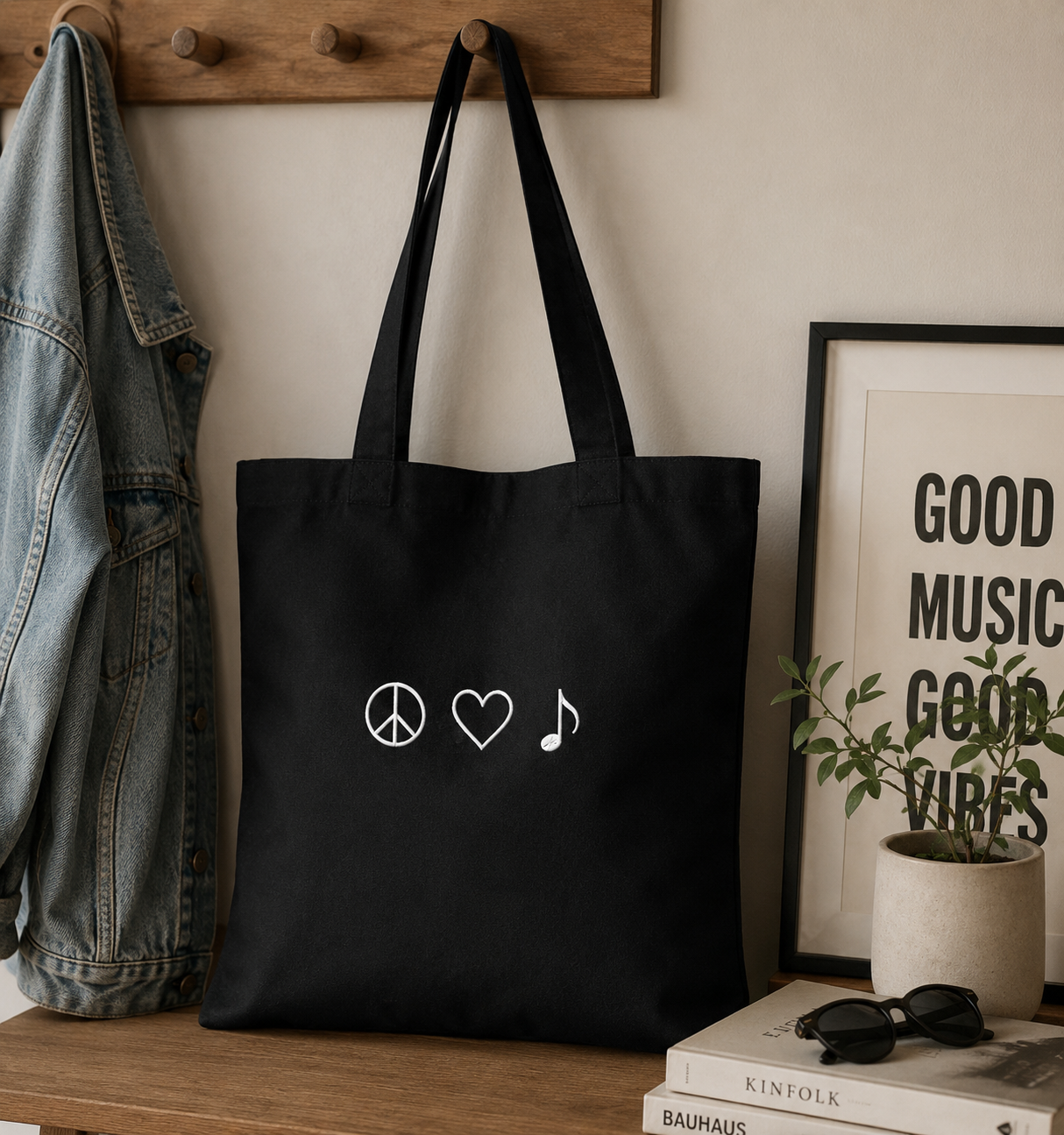 Peace Love Music Black Tote Bag | Music Lover Tote | Musician Gift | Concert Tote | Reusable Shopping Bag