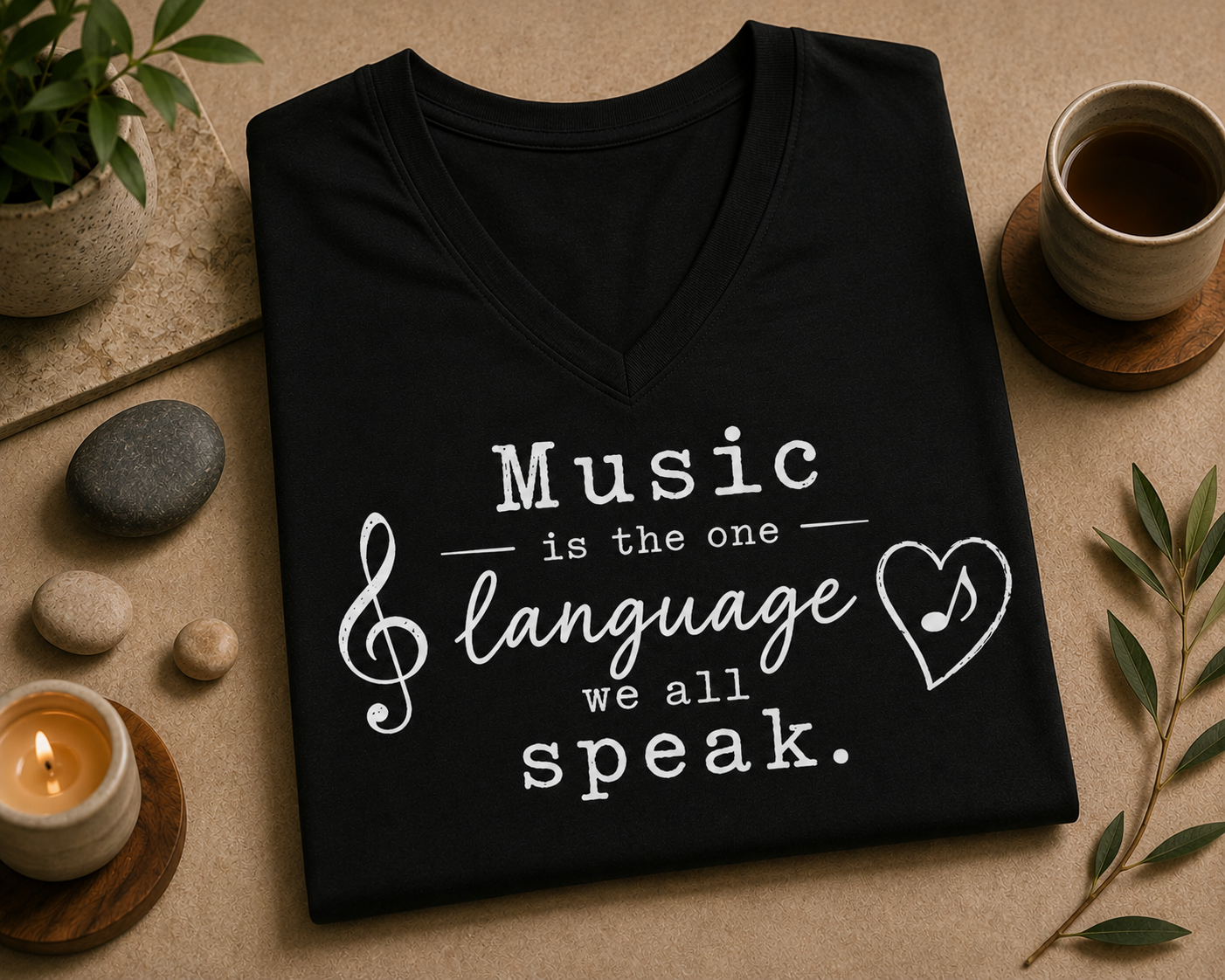 Music Is the One Language We All Speak V-Neck T-Shirt | Music Lover Gift | Music Teacher Shirt | Minimalist Music Tee