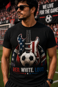 Red White Loud Soccer Guitar T-Shirt for USA Soccer and Music Fans
