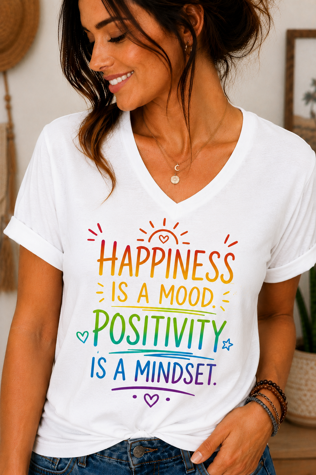 Happiness Is a Mood Positivity Is a Mindset V-Neck Shirt