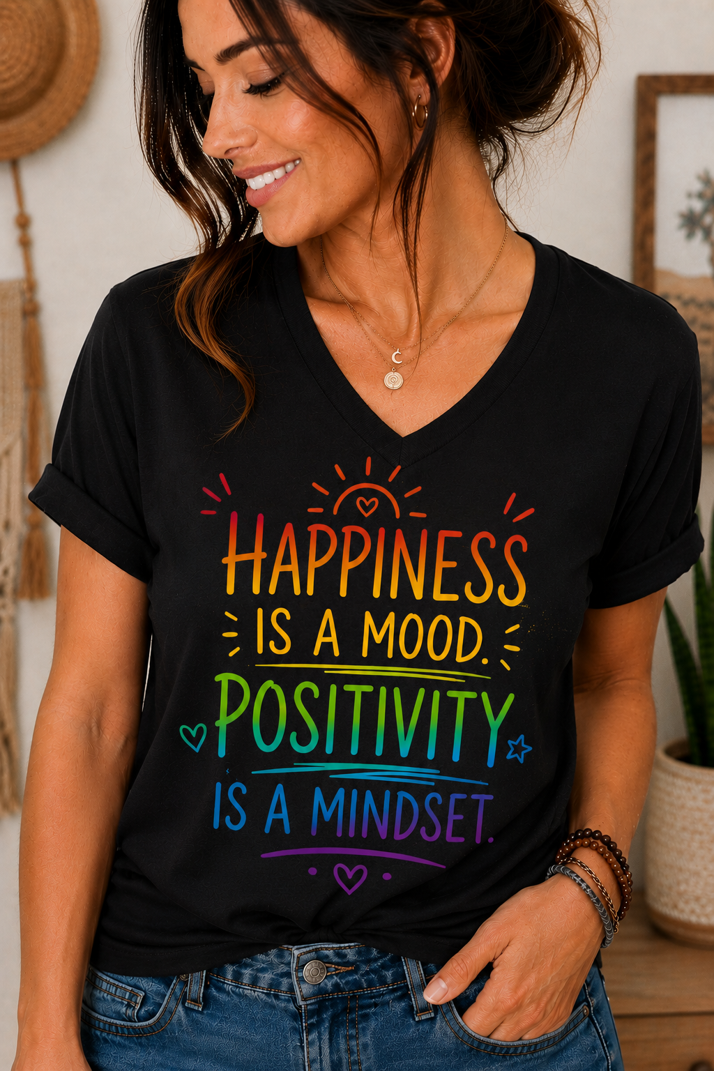Happiness Is a Mood Positivity Is a Mindset V-Neck Shirt
