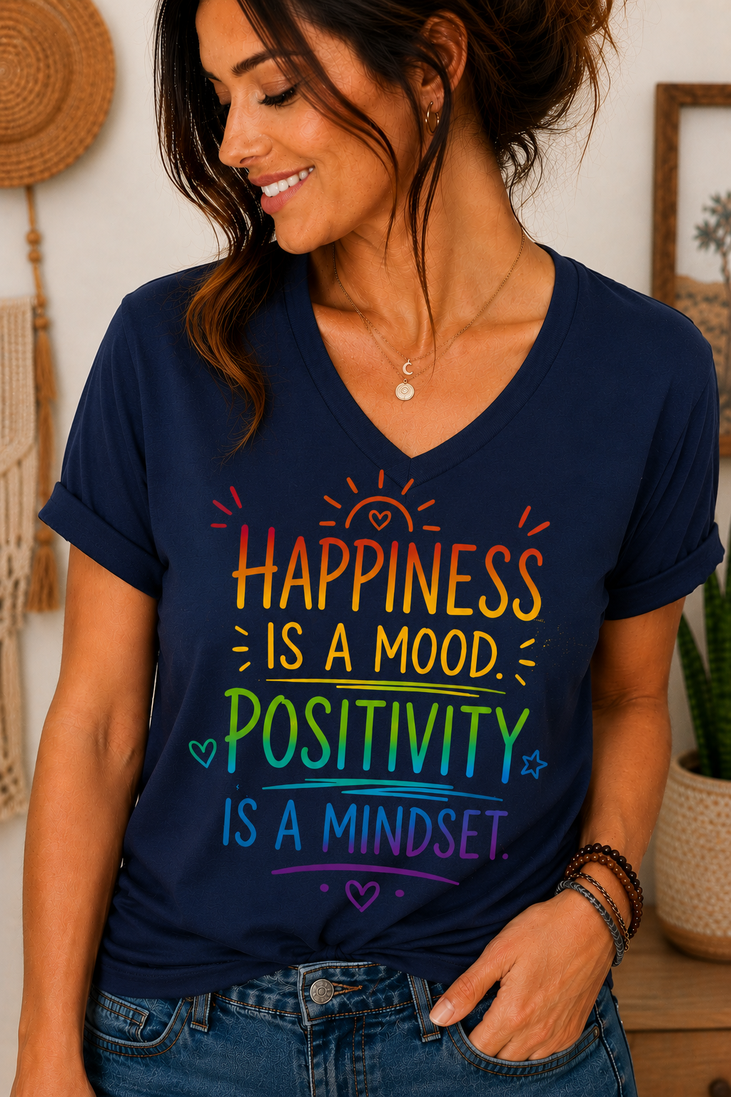 Happiness Is a Mood Positivity Is a Mindset V-Neck Shirt