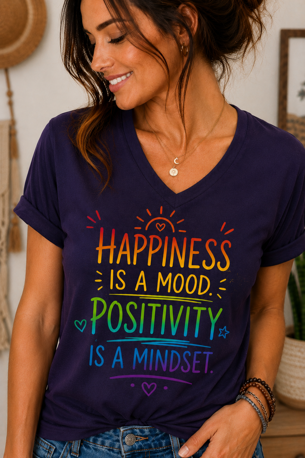 Happiness Is a Mood Positivity Is a Mindset V-Neck Shirt