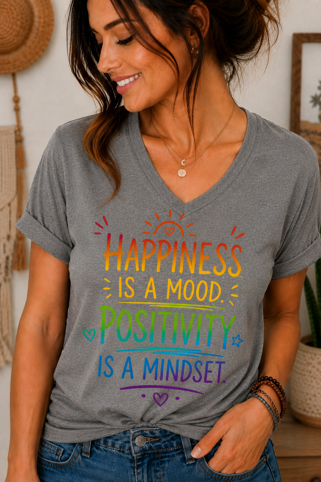 Happiness Is a Mood Positivity Is a Mindset V-Neck Shirt