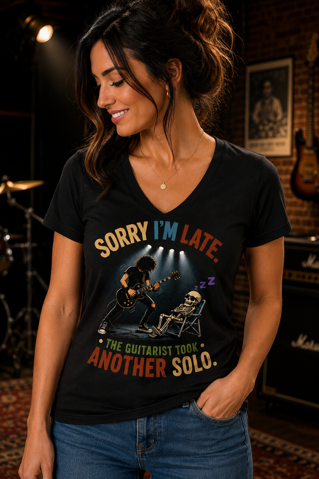 Sorry I’m Late The Guitarist Took Another Solo V-Neck Shirt