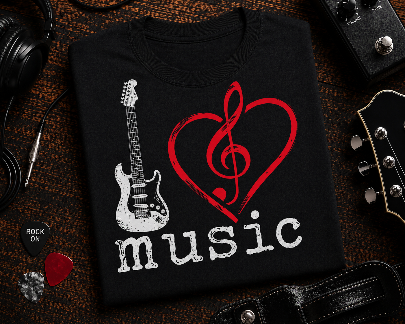 I Love Music Guitar & Treble Clef Heart Shirt