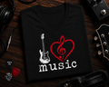 I Love Music Guitar & Treble Clef Heart Women's V-Neck Shirt