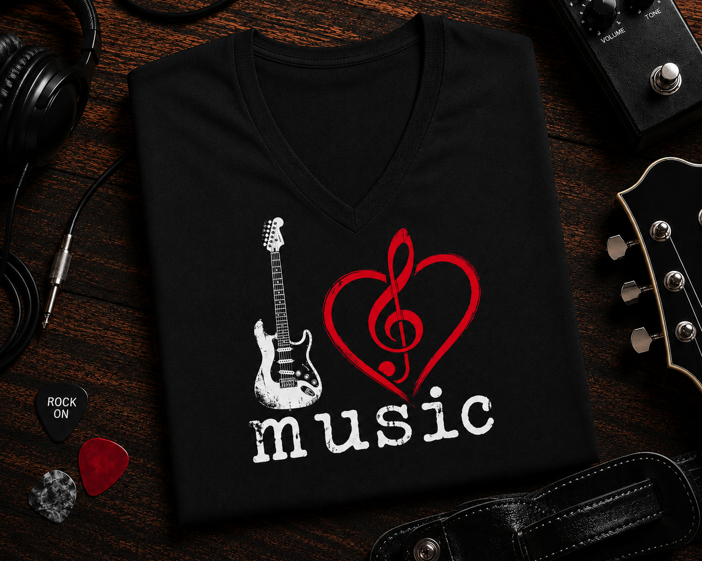 I Love Music Guitar & Treble Clef Heart Women's V-Neck Shirt