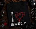 I Love Music Drumsticks Bass Clef and Treble Heart V-Neck Shirt