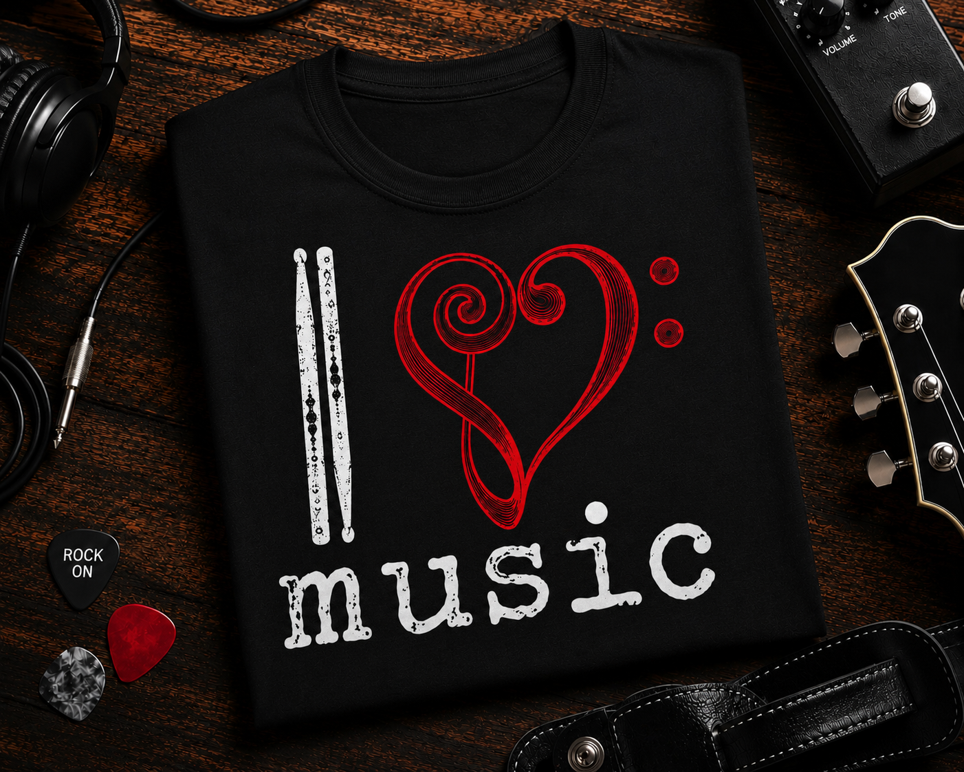 I Love Music Drumsticks Bass Clef and Treble Clef Heart Shirt