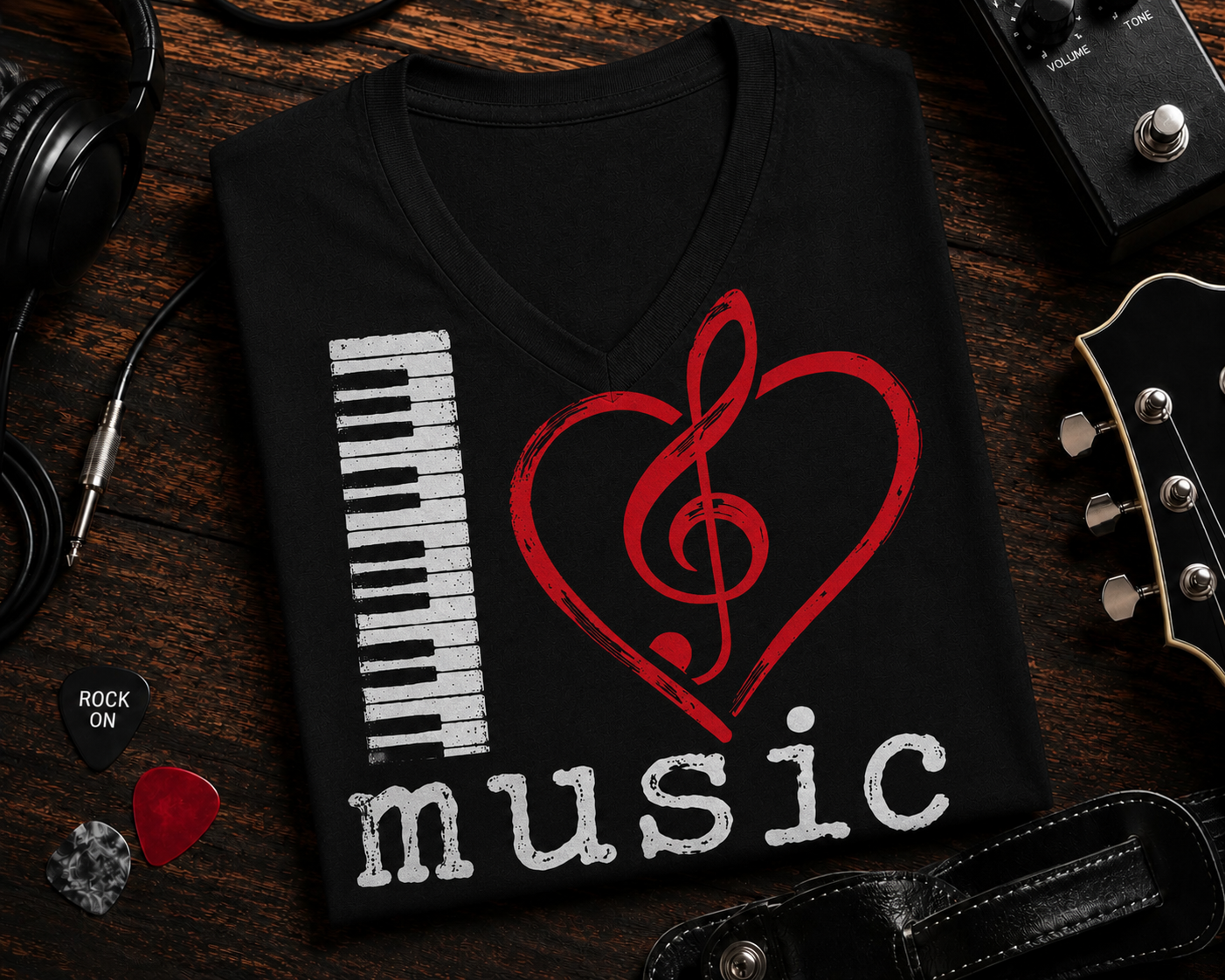 I Love Music Keyboard Heart V-Neck Shirt