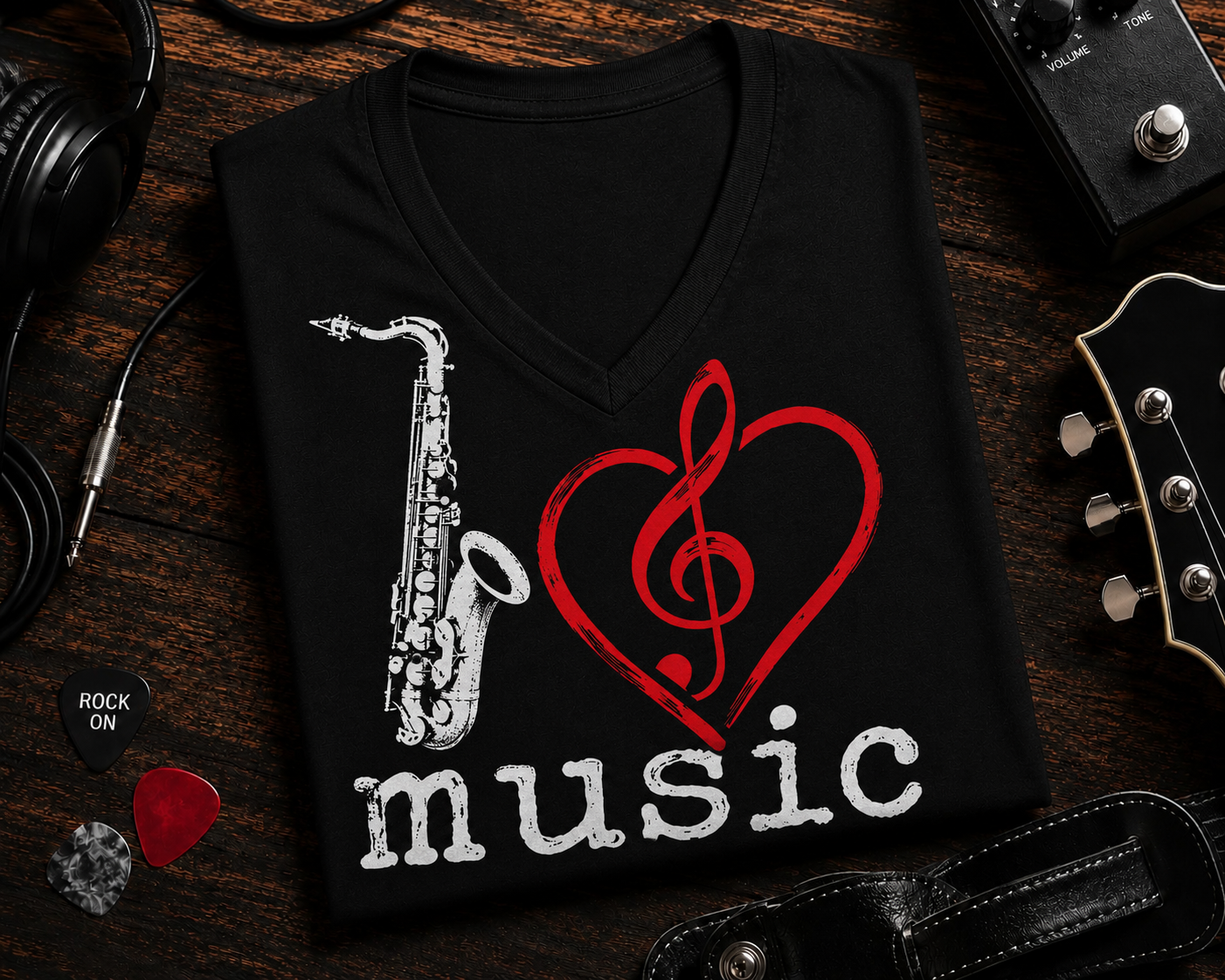 I Love Music Saxophone V-Neck Shirt