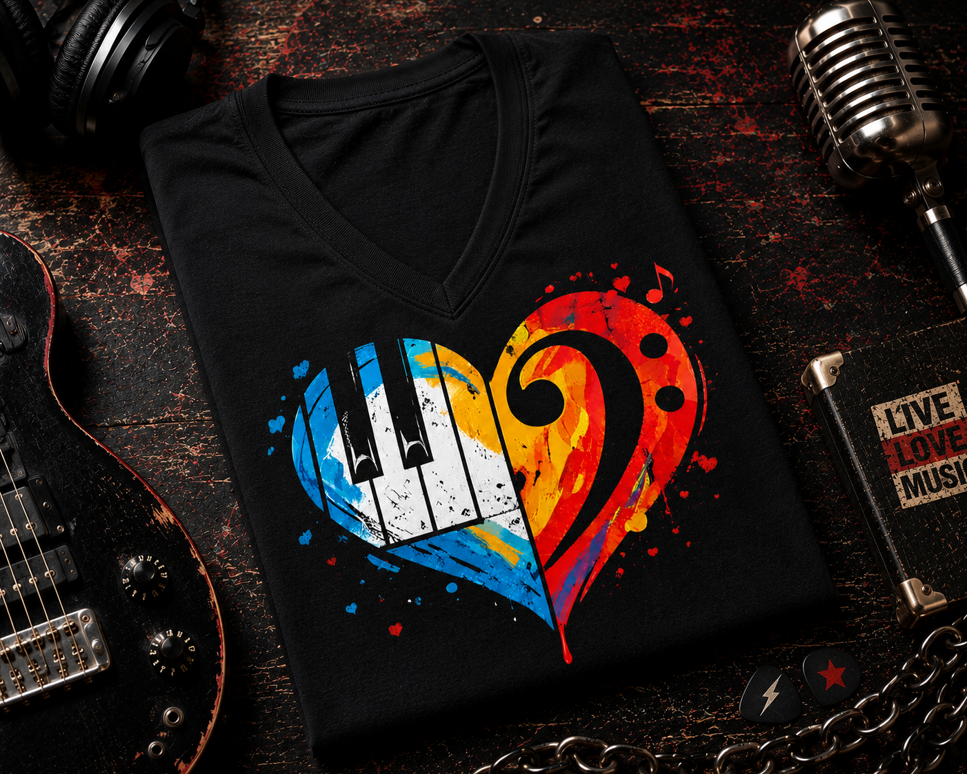 I Love Music Piano Bass Clef Heart V-neck Shirt