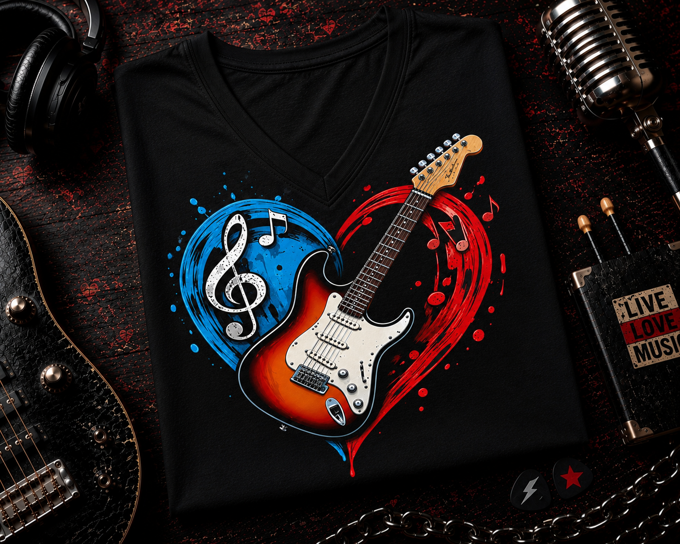 I Love Music Electric Guitar Heart V-Neck Shirt