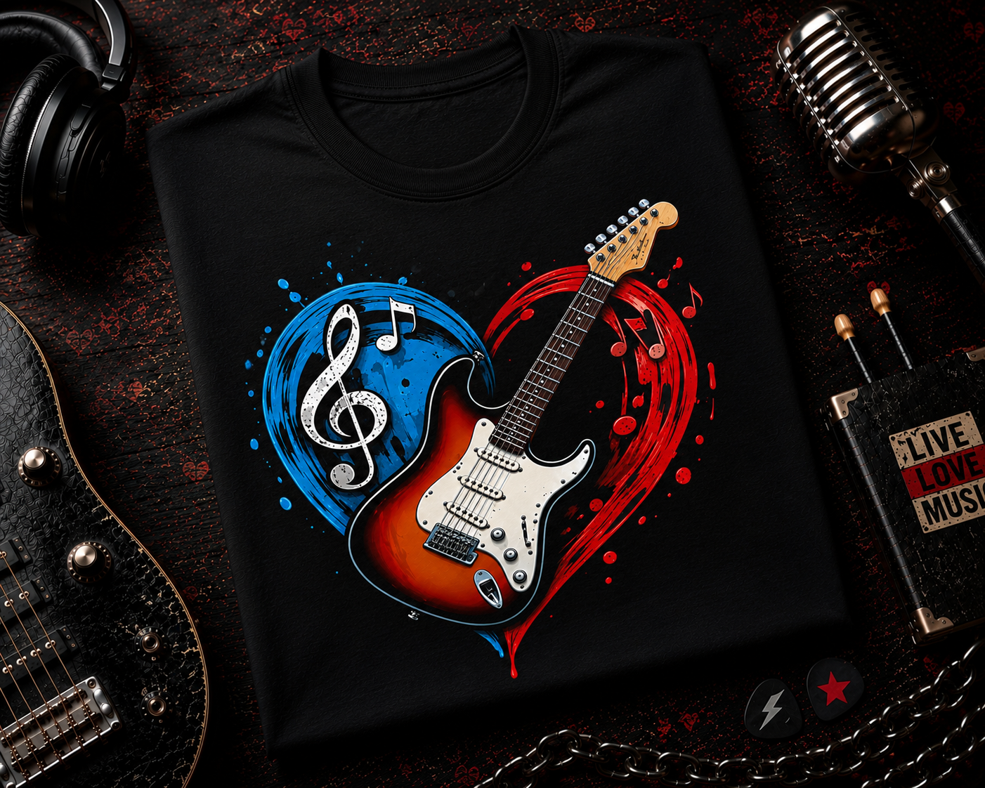 I Love Music Electric Guitar Heart Crew Neck Shirt