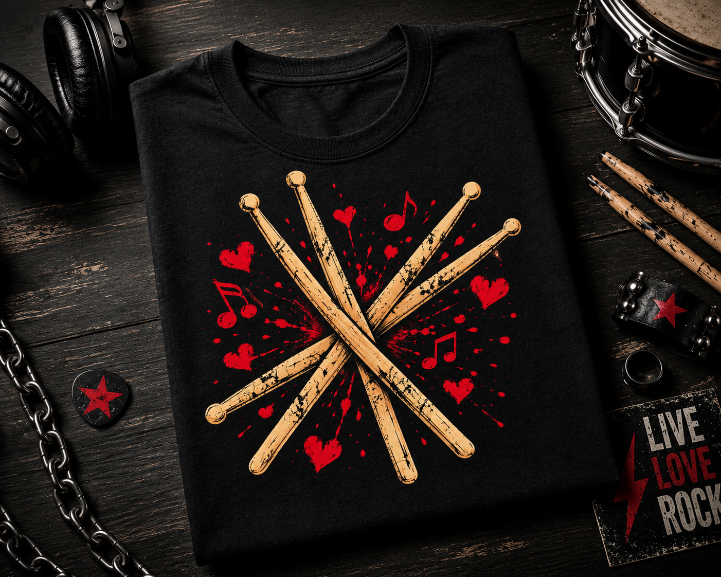 I Love Music Drumsticks Heart Crew Neck Shirt