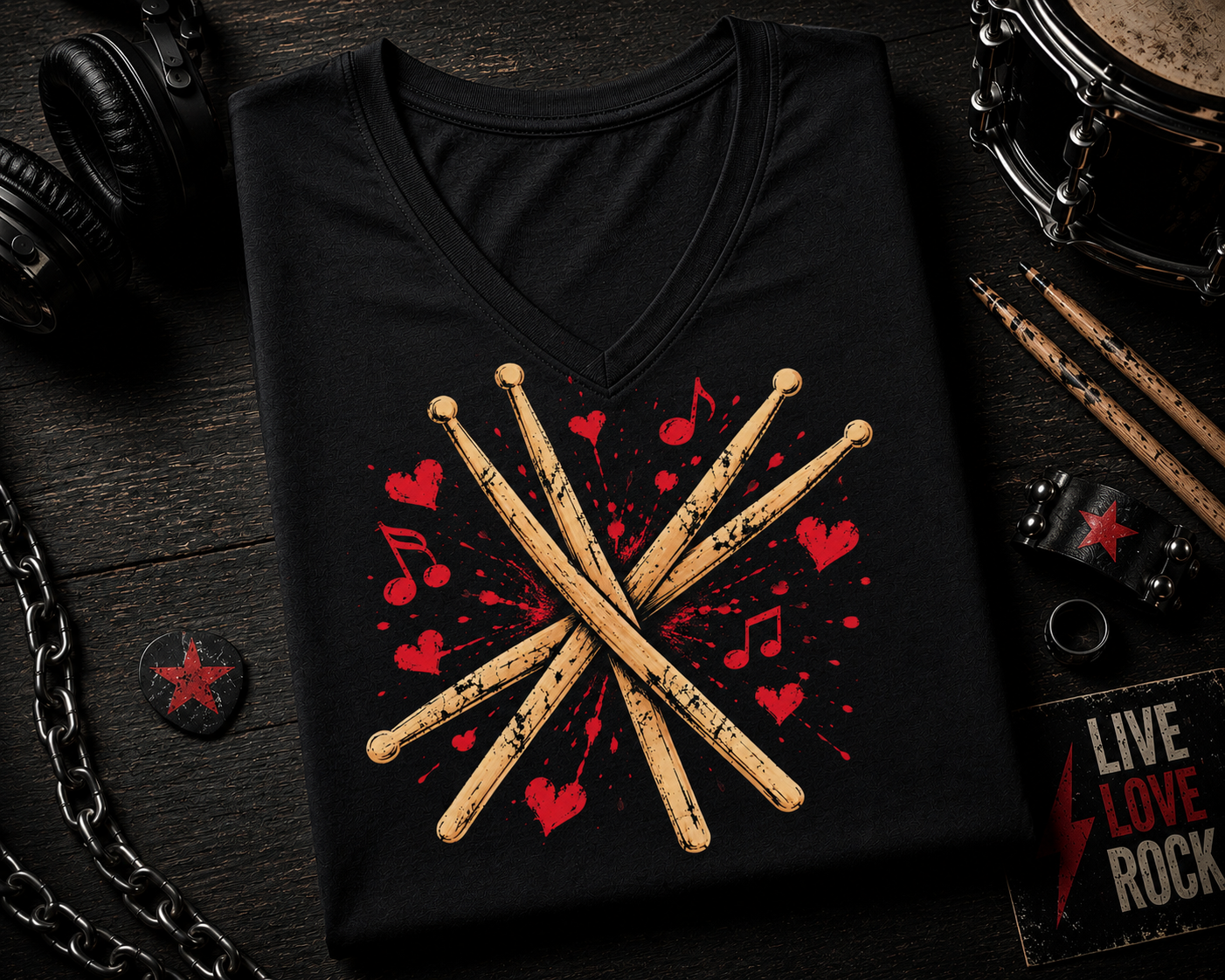 I Love Music Drumsticks Heart V-Neck Shirt