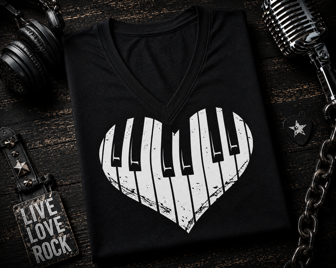 I Love Music Piano Heart V-Neck Shirt