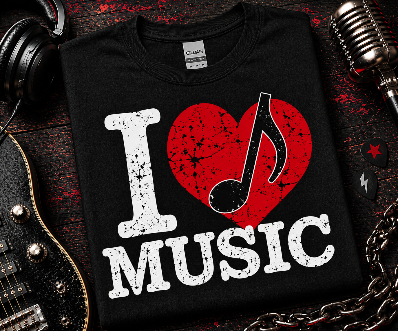 I Love Music Music Note Heart Crew Neck T-Shirt