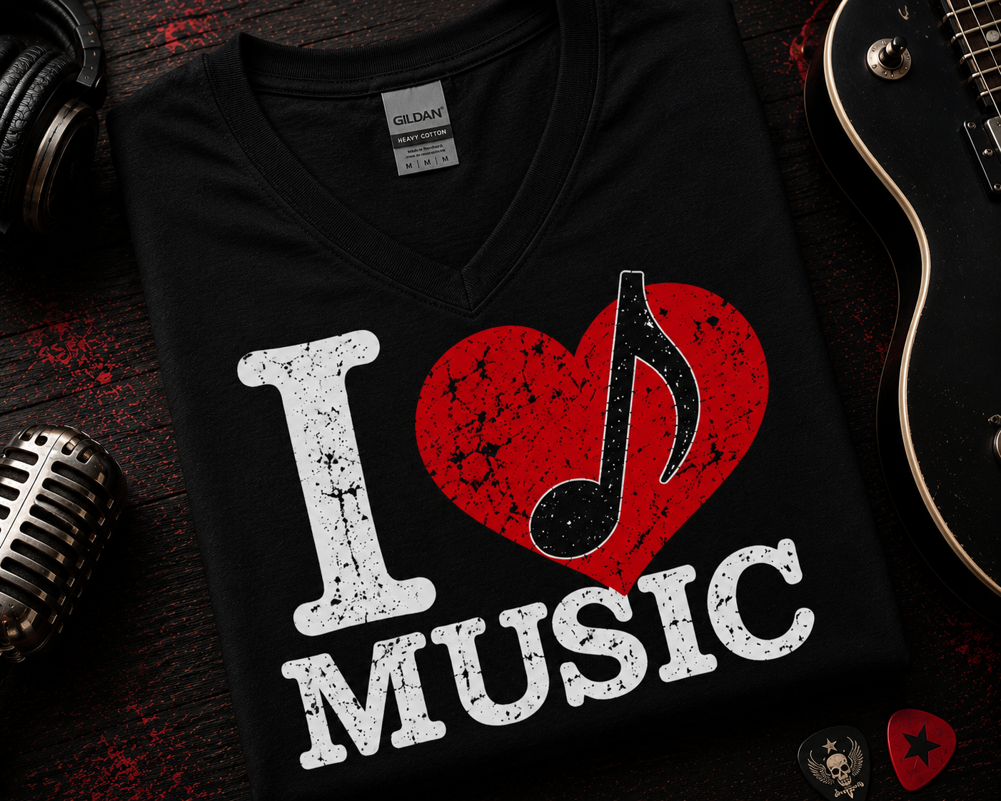 I Love Music Music Note Heart V-Neck Shirt, Gildan 5V00L Music Lover Tee, Musician Gift, Music Teacher Shirt