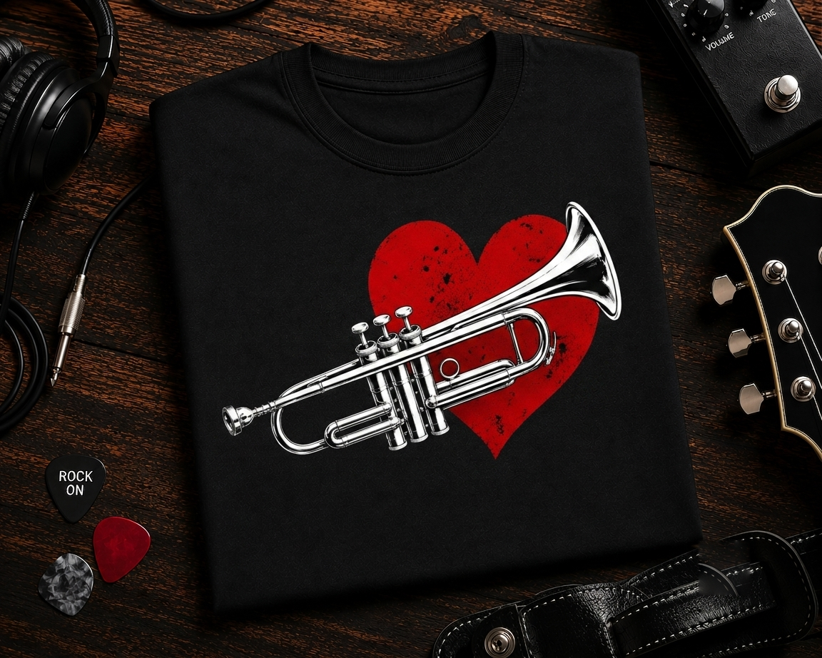 I Love Music Trumpet Heart Crew Neck Shirt, Gildan 64000 Music Lover Tee, Trumpet Player Gift, Musician Shirt