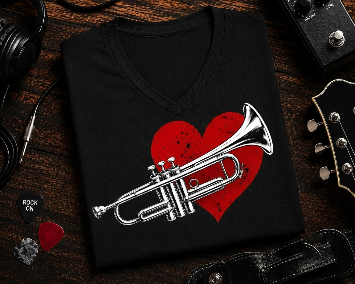 I Love Music Trumpet Heart V-Neck Shirt, Gildan 5V00L Music Lover Tee, Trumpet Player Gift, Musician Shirt