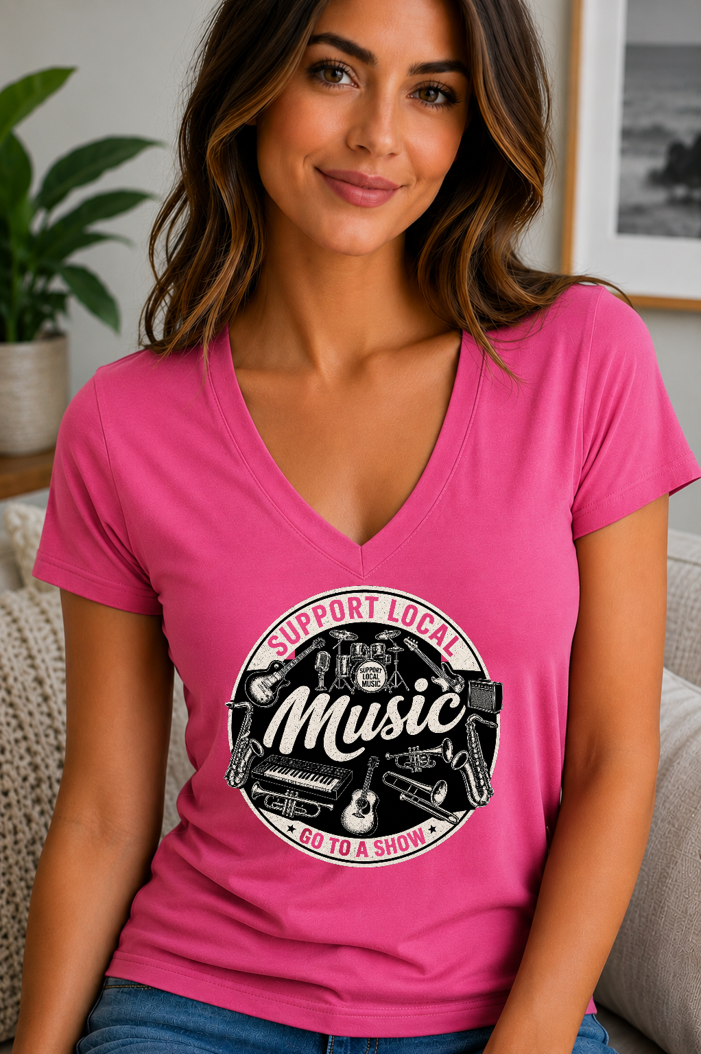 Support Local Music Go to a Show Women's V-Neck T-Shirt