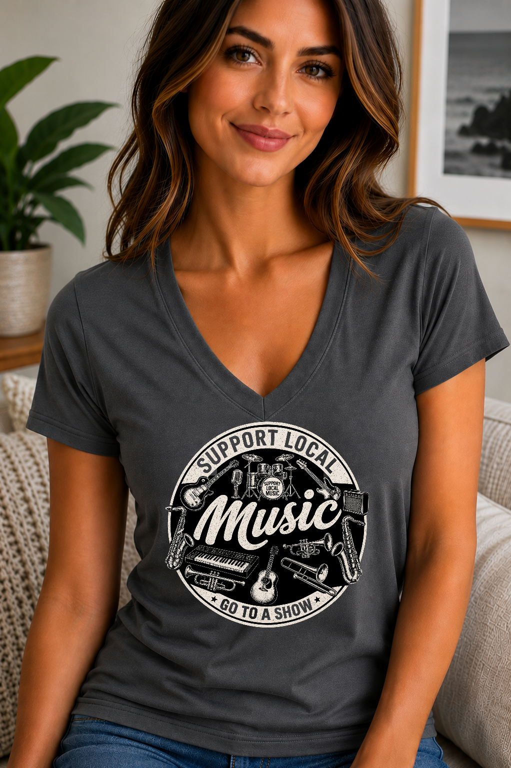 Support Local Music Go to a Show Women's V-Neck T-Shirt
