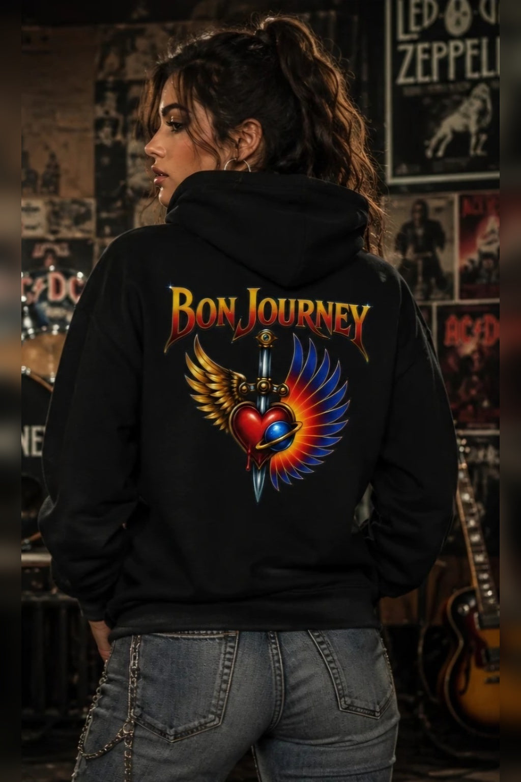 Bon Journey Winged Heart Champion Hoodie – Classic Rock Tribute Pullover