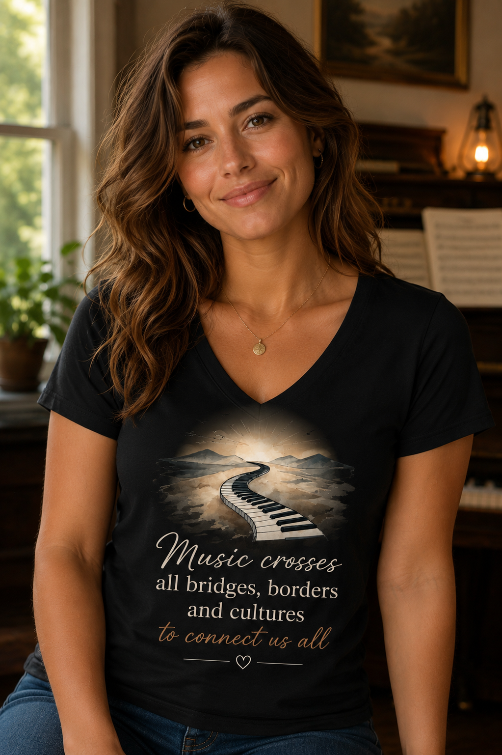 Music Crosses All Bridges Keyboard V-Neck