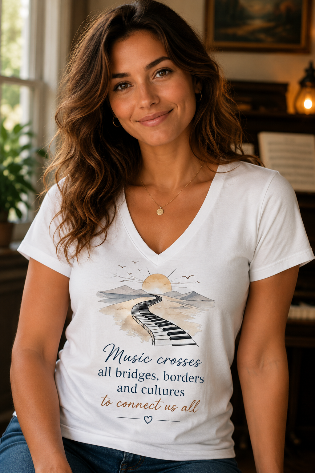 Music Crosses All Bridges Keyboard V-Neck