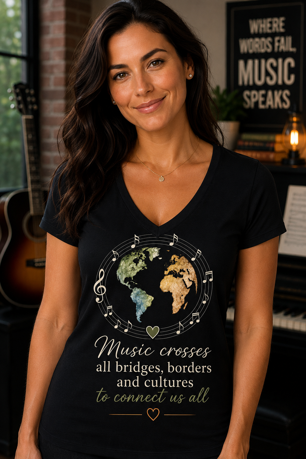 Music Crosses All Bridges Globe V-Neck