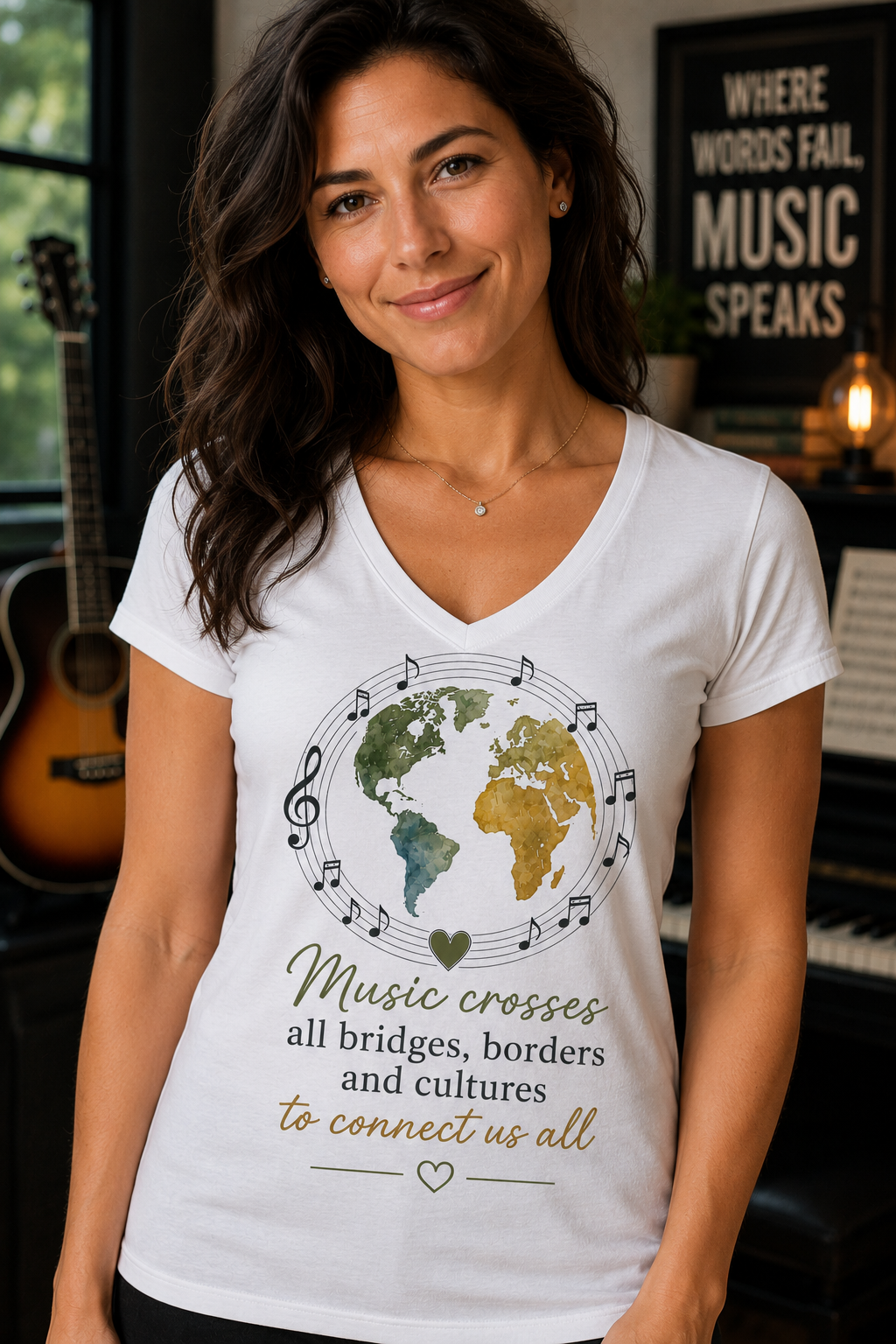Music Crosses All Bridges Globe V-Neck