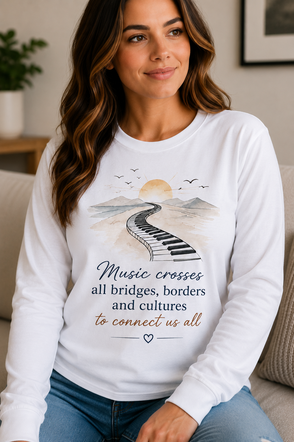 Music Crosses All Bridges Keyboard Long Sleeve Shirt