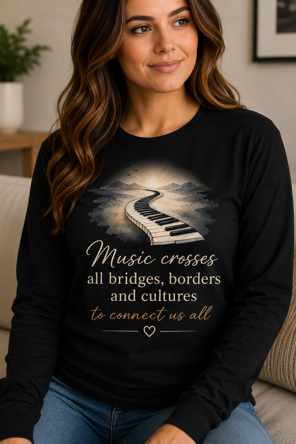 Music Crosses All Bridges Keyboard Long Sleeve Shirt