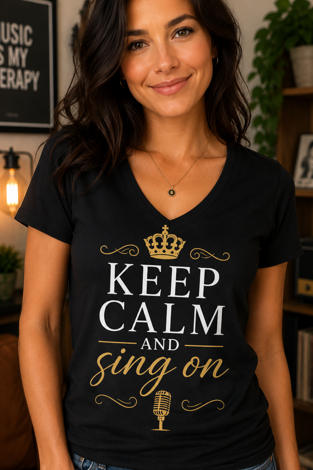 Keep Calm and Sing On Crown V-Neck Tee