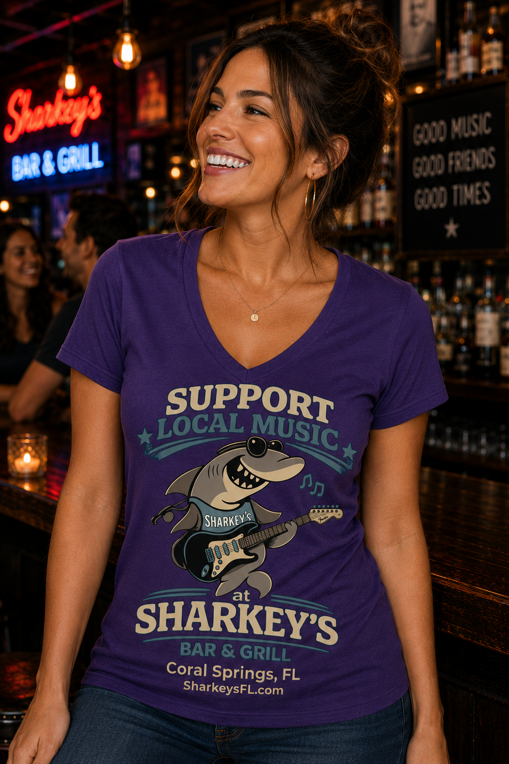 Sharkey’s Support Local Music Women’s V-Neck T-Shirt