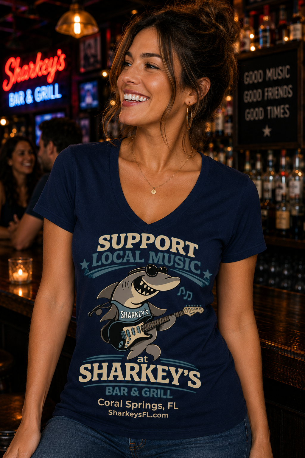 Sharkey’s Support Local Music Women’s V-Neck T-Shirt