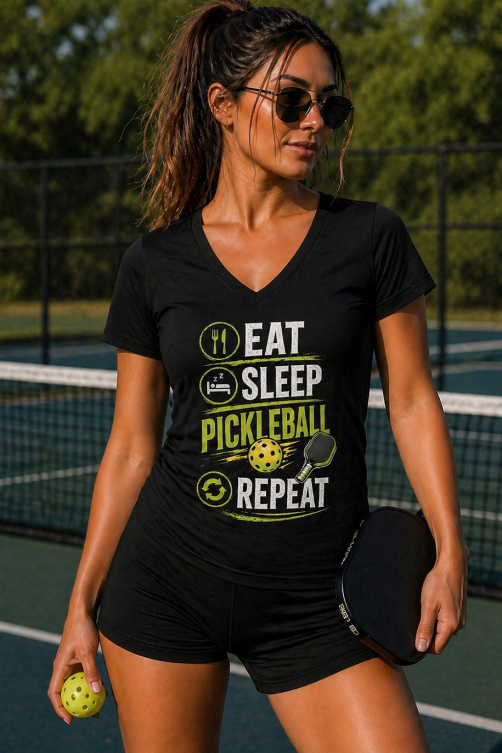 Pickleball "Eat Sleep Pickleball Repeat" Graphic Tee for Women – Casual Sporty Pickleball Shirt Ladies V-Neck