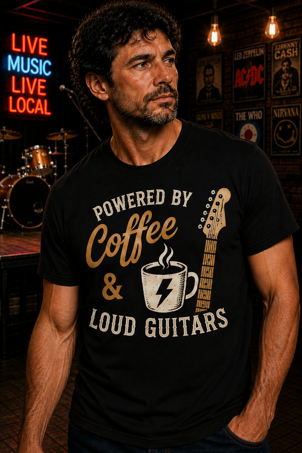 Powered by Coffee & Loud Guitars T-Shirt