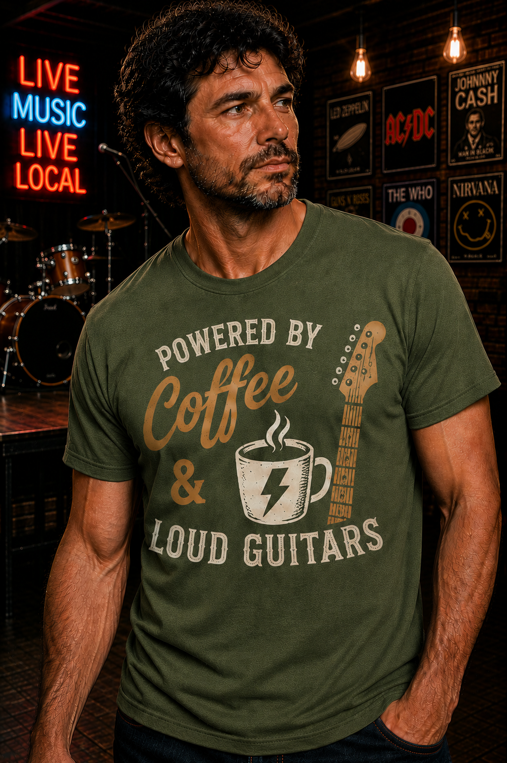 Powered by Coffee & Loud Guitars T-Shirt