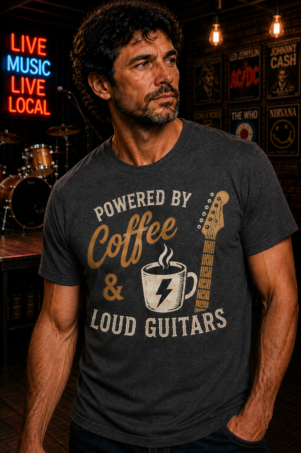 Powered by Coffee & Loud Guitars T-Shirt