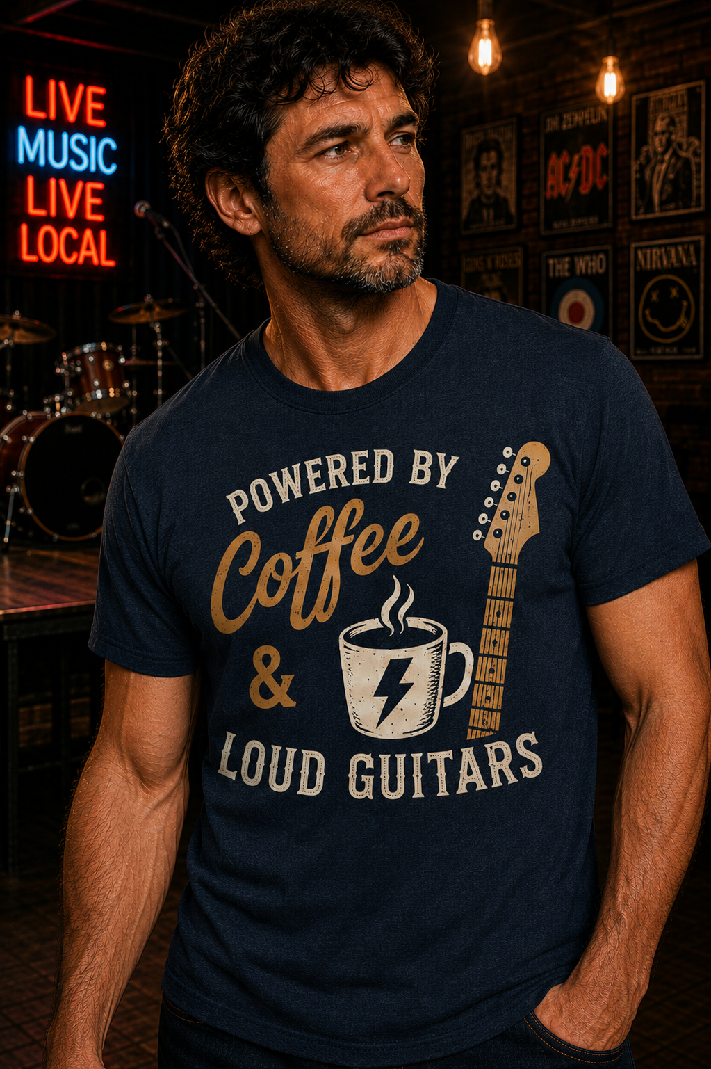 Powered by Coffee & Loud Guitars T-Shirt