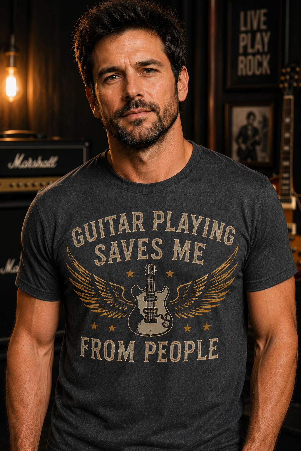 Guitar Playing Saves Me From People Crew Neck T-Shirt