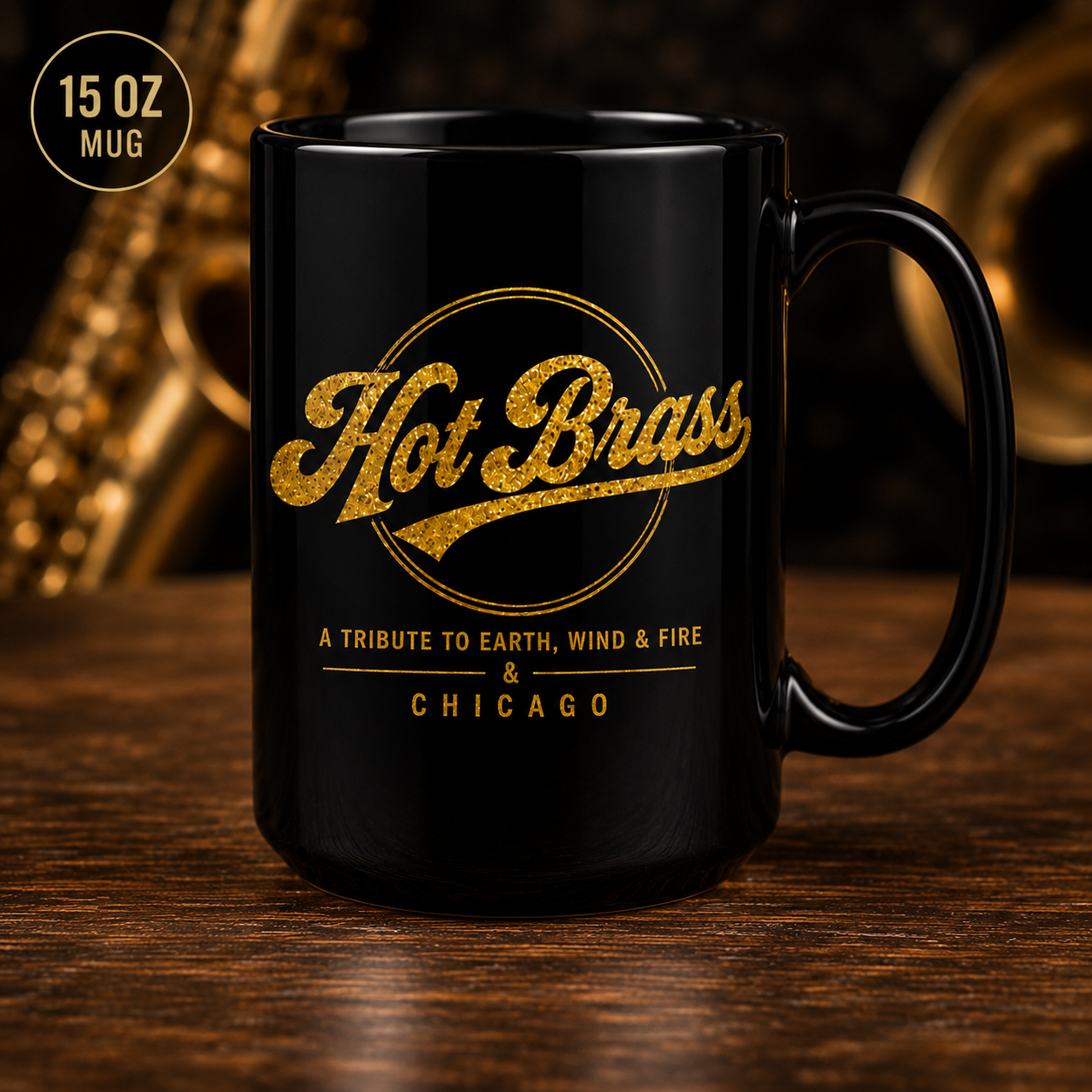 Hot Brass — Earth Wind and Fire & Chicago Black Mug — Retro Gold Band Tribute Coffee Cup (11oz & 15oz)